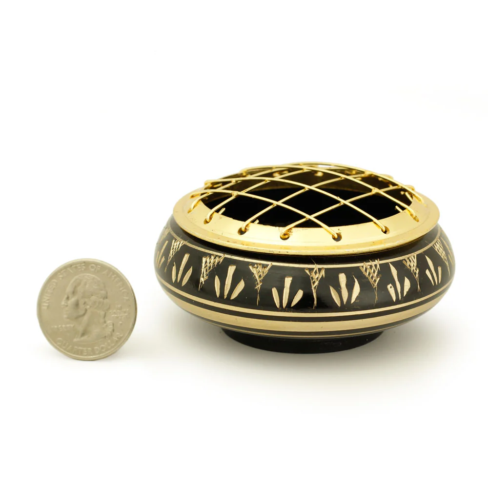Burner - Black Brass Burner, Low Base, Fern Engraving, Net Top 1.25"Hx2.75"D - Image 3