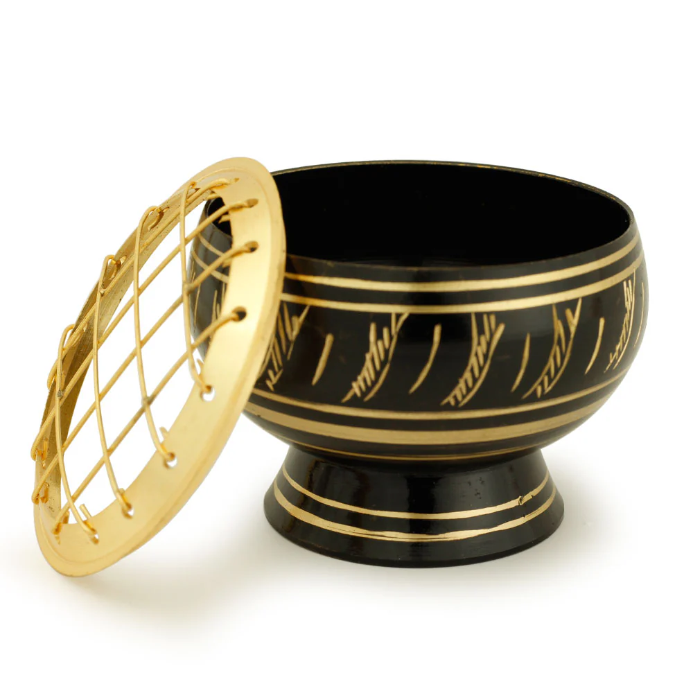 Burner - Black Brass Burner, Medium Base, Feather Engraving, Net Top 2"Hx2.5"D - Image 3