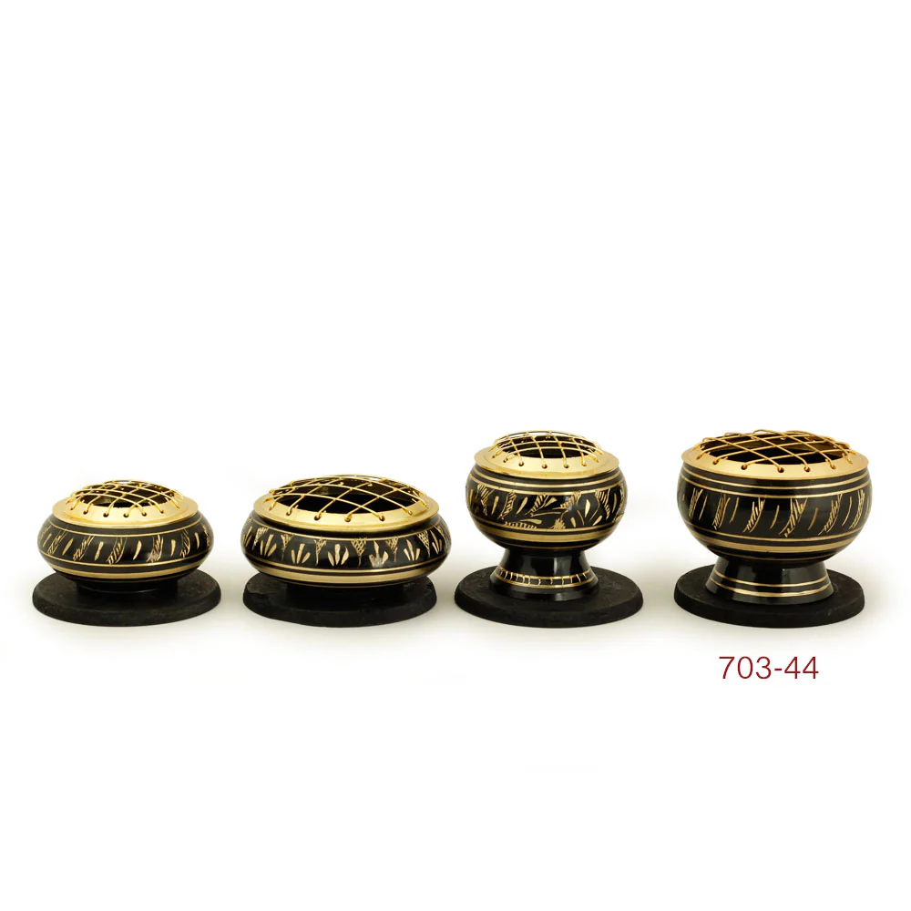 Burner - Black Brass Burner, Medium Base, Feather Engraving, Net Top 2"Hx2.5"D - Image 4