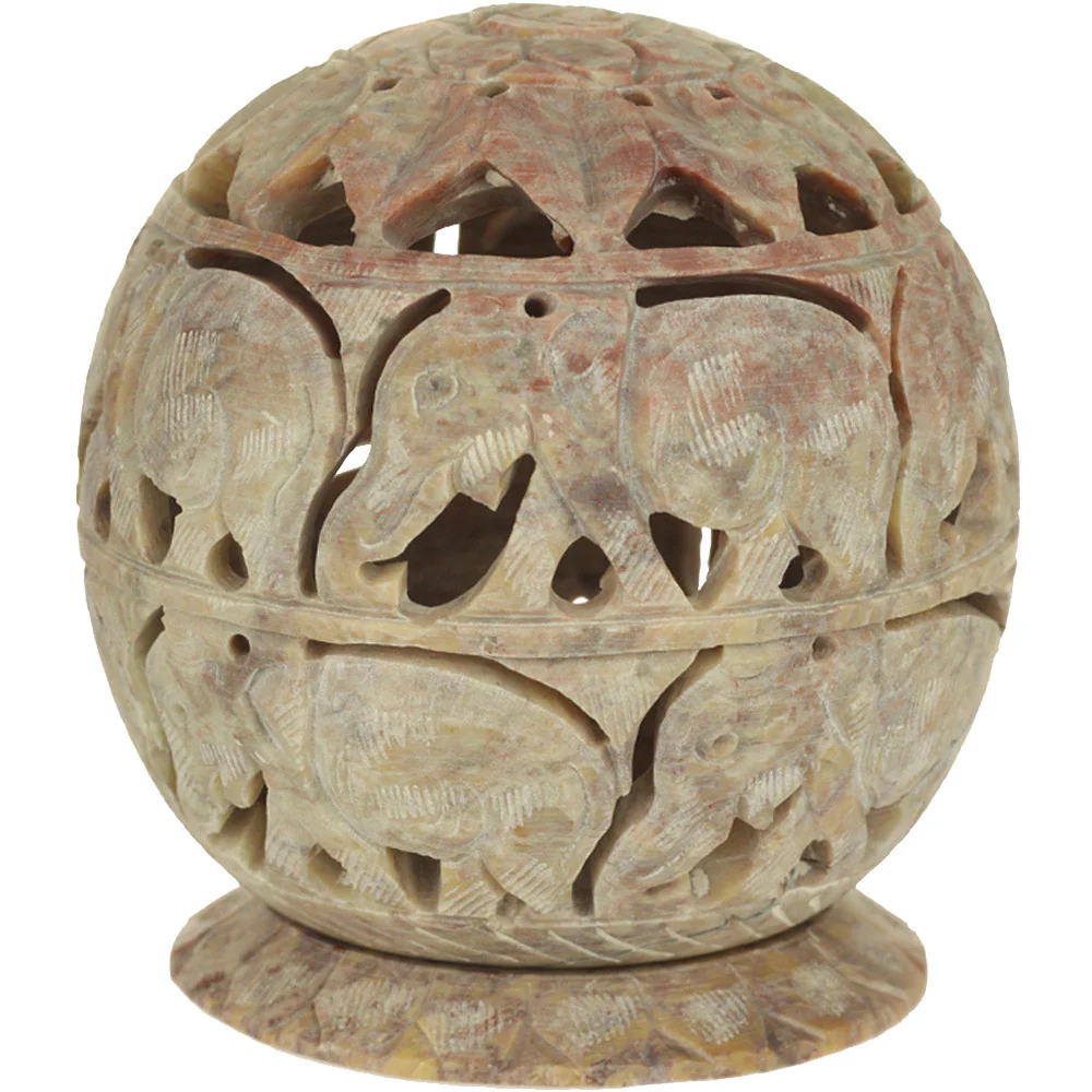 Burner for Cones and Candle Holder - Soapstone Carved Tea-Light Ball - Elephant 3.5 inches
