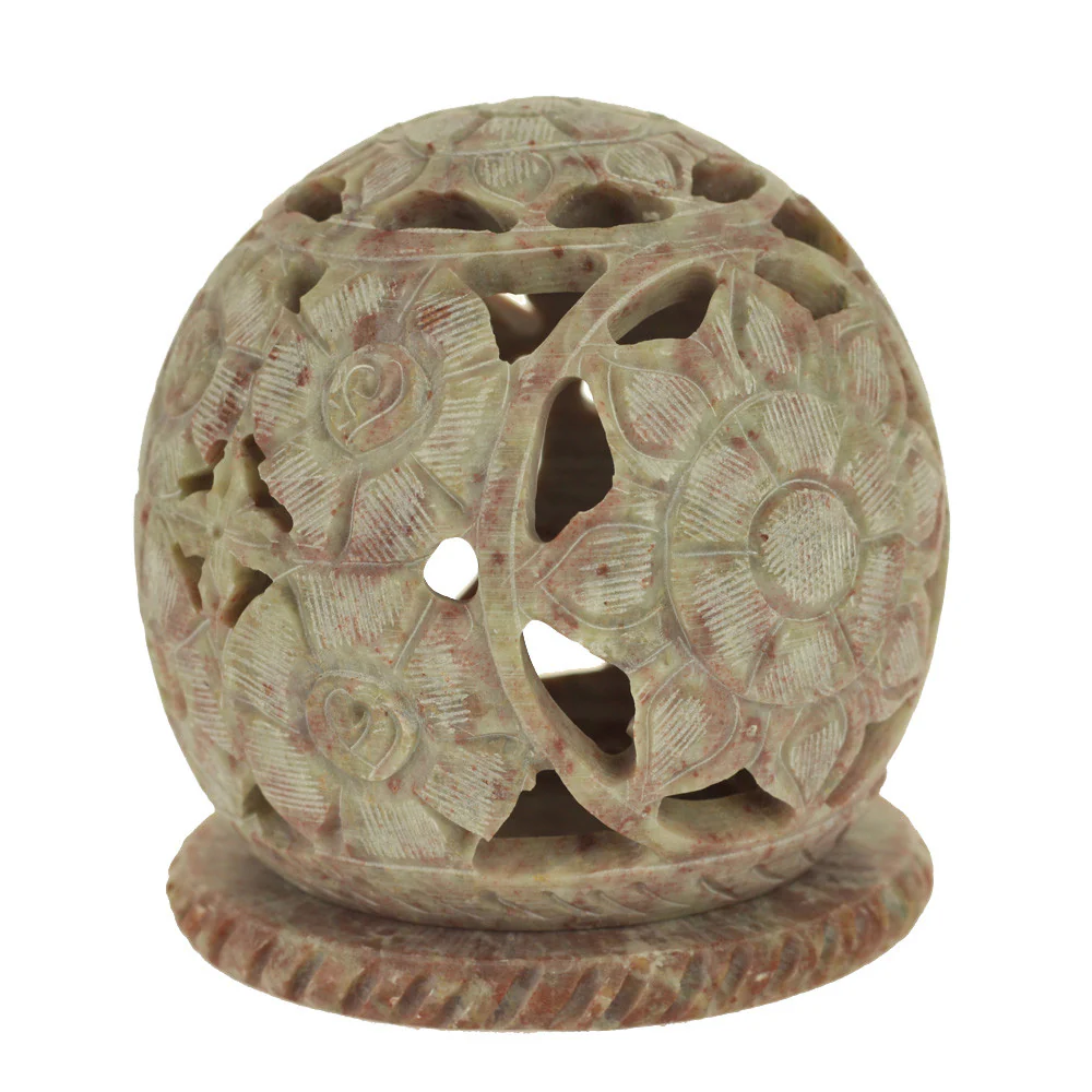 Burner for Cones and Candle Holder - Soapstone Carved Tea-Light Ball - Flowers 3 inches - Image 2