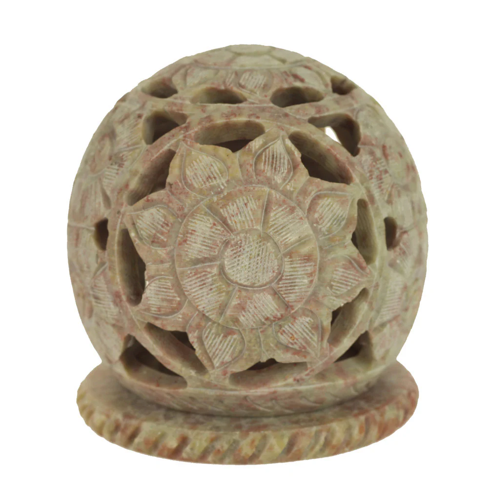 Burner for Cones and Candle Holder - Soapstone Carved Tea-Light Ball - Flowers 3 inches - Image 3