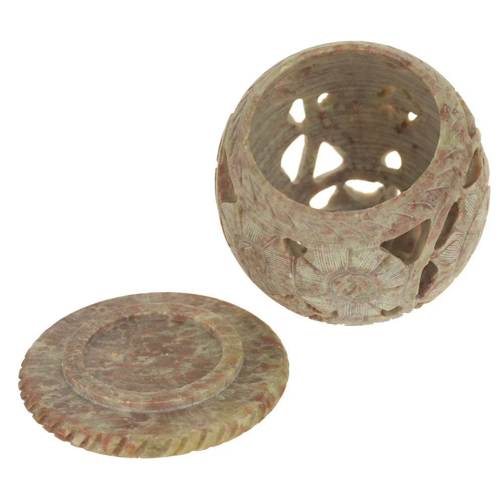Burner for Cones and Candle Holder - Soapstone Carved Tea-Light Ball - Flowers 3 inches - Image 4
