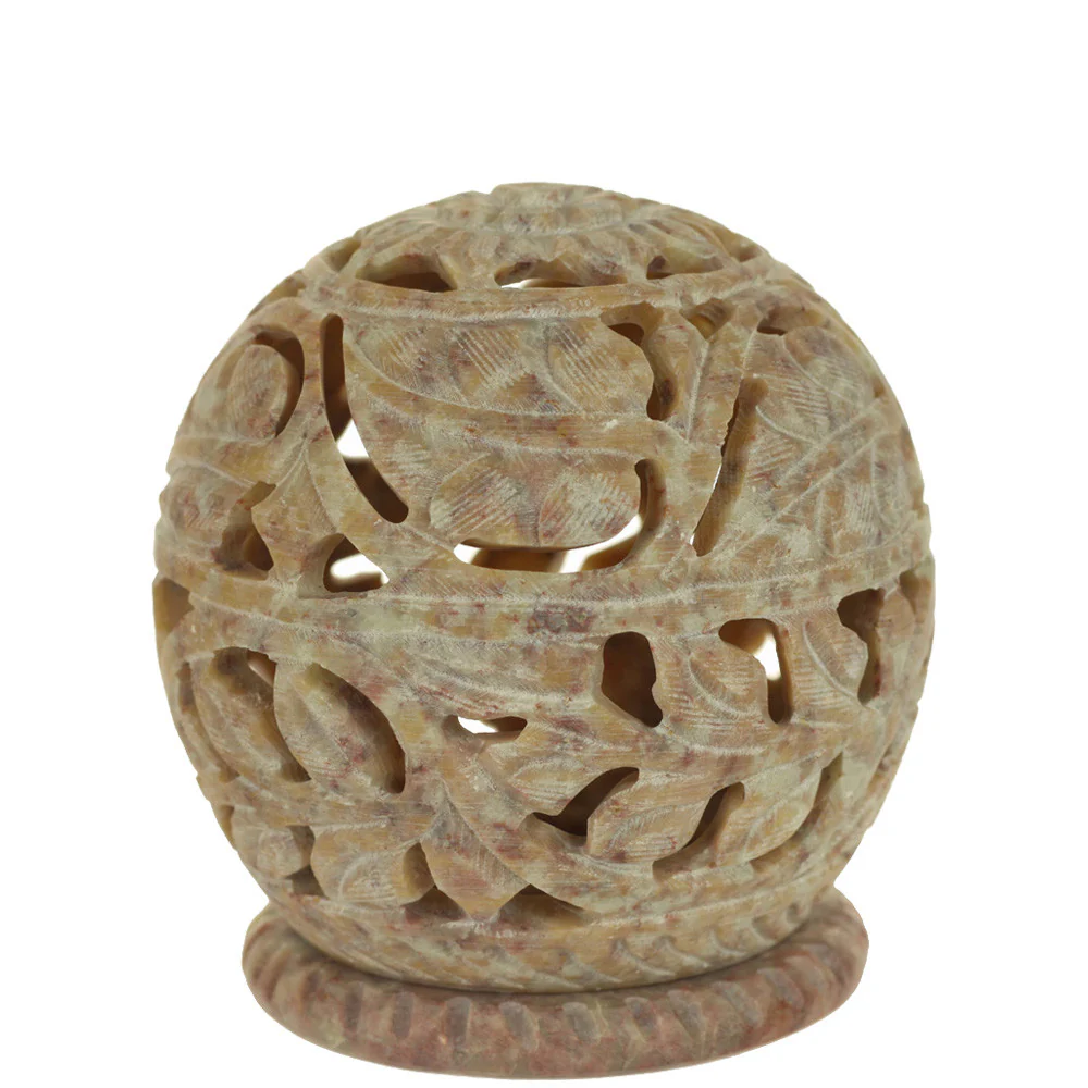 Burner for Cones and Candle Holder - Soapstone Carved Tea-Light Ball - Large leaves 3 inches