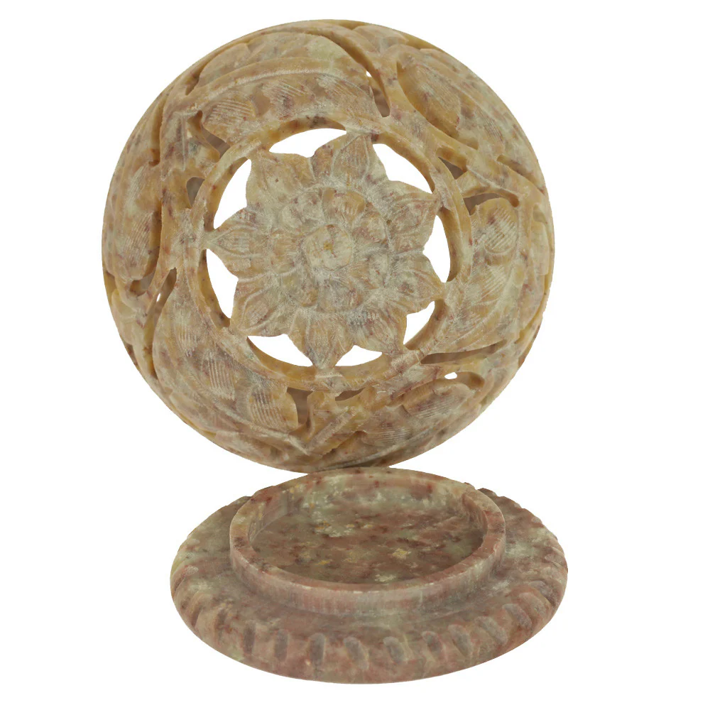 Burner for Cones and Candle Holder - Soapstone Carved Tea-Light Ball - Large leaves 3 inches - Image 3