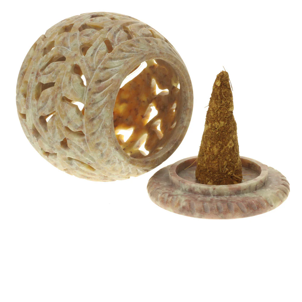 Burner for Cones and Candle Holder - Soapstone Carved Tea-Light Ball - Large leaves 3 inches - Image 5