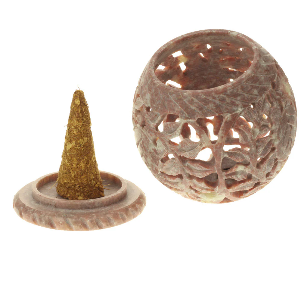 Burner for Cones and Candle Holder - Soapstone Carved Tea-Light Ball - Leaves 3 inches - Image 4
