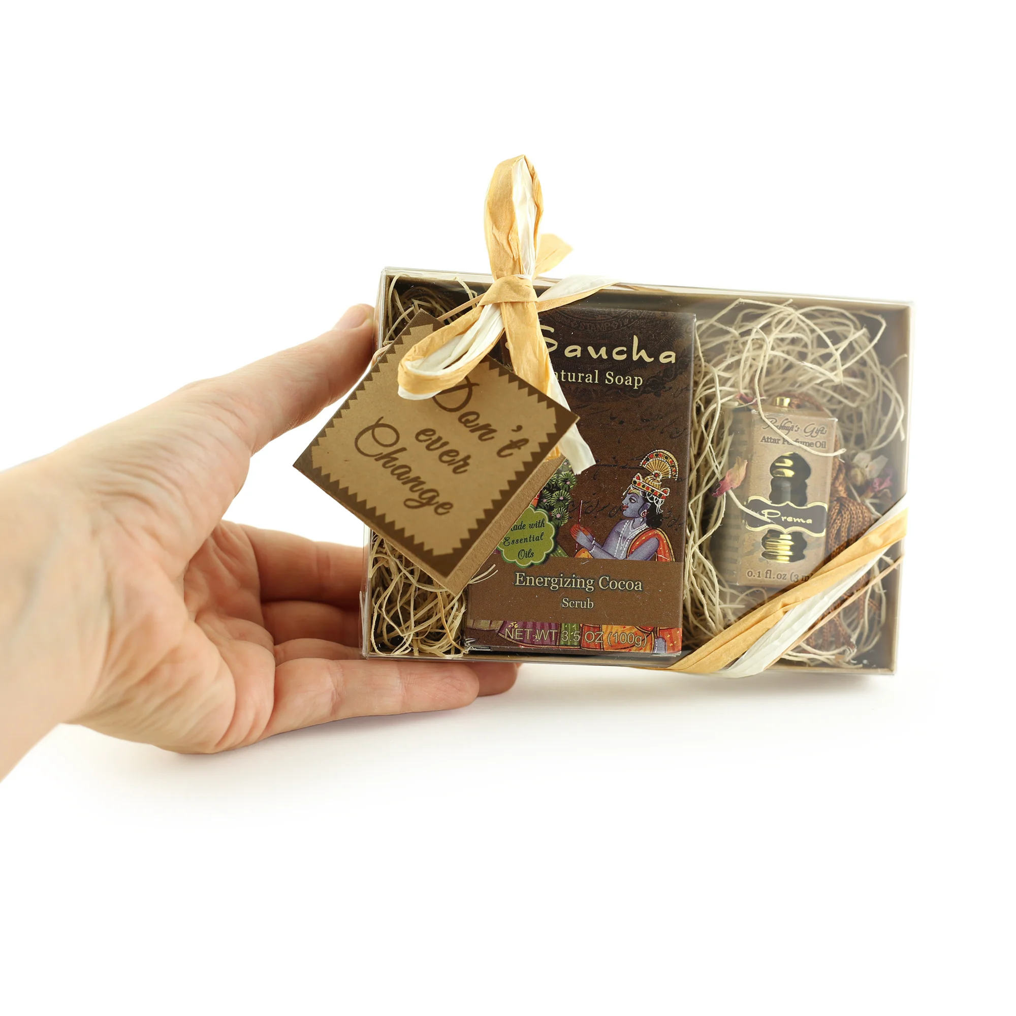 Gift Set - Saucha Bar Soap 'Energizing Cocoa' and Attar Oil 'Prema' - with Greeting 'Don't ever change' - Image 2