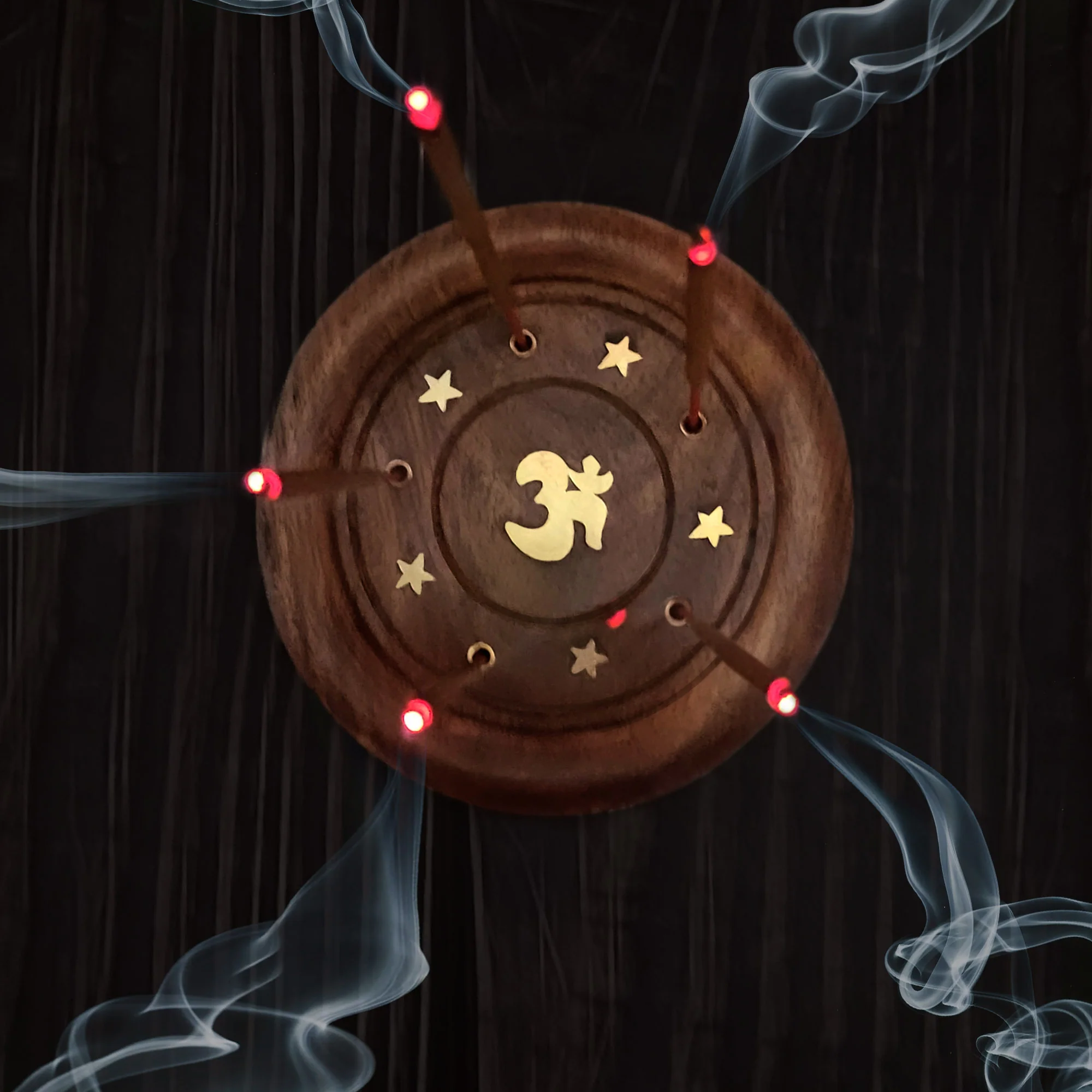 Incense Burner - Wooden Round Plate with Om - 4 inches - Image 3