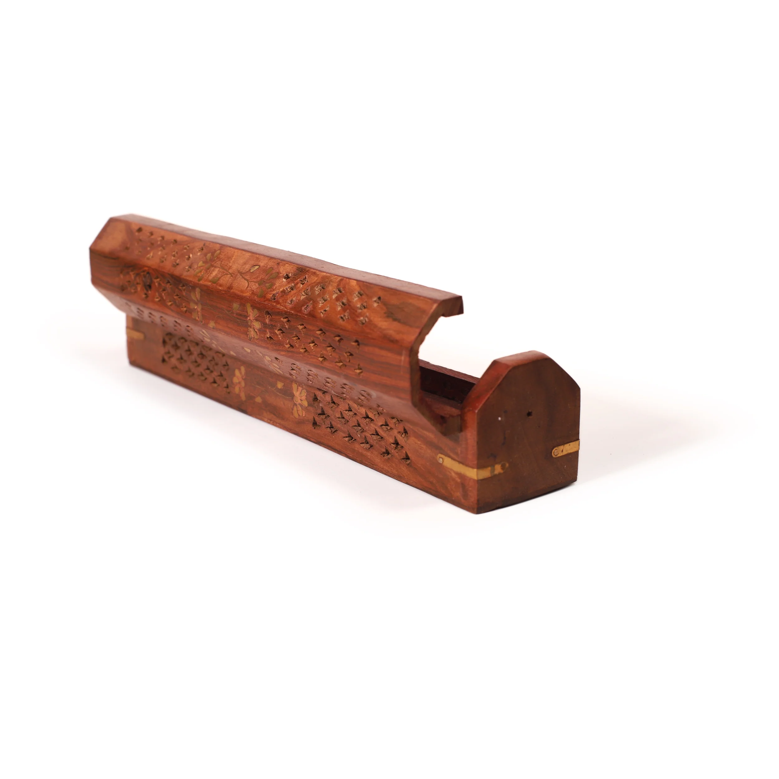 Incense Burner - Wooden Box with Storage - 5 Panel Jali & Flowers - Image 3
