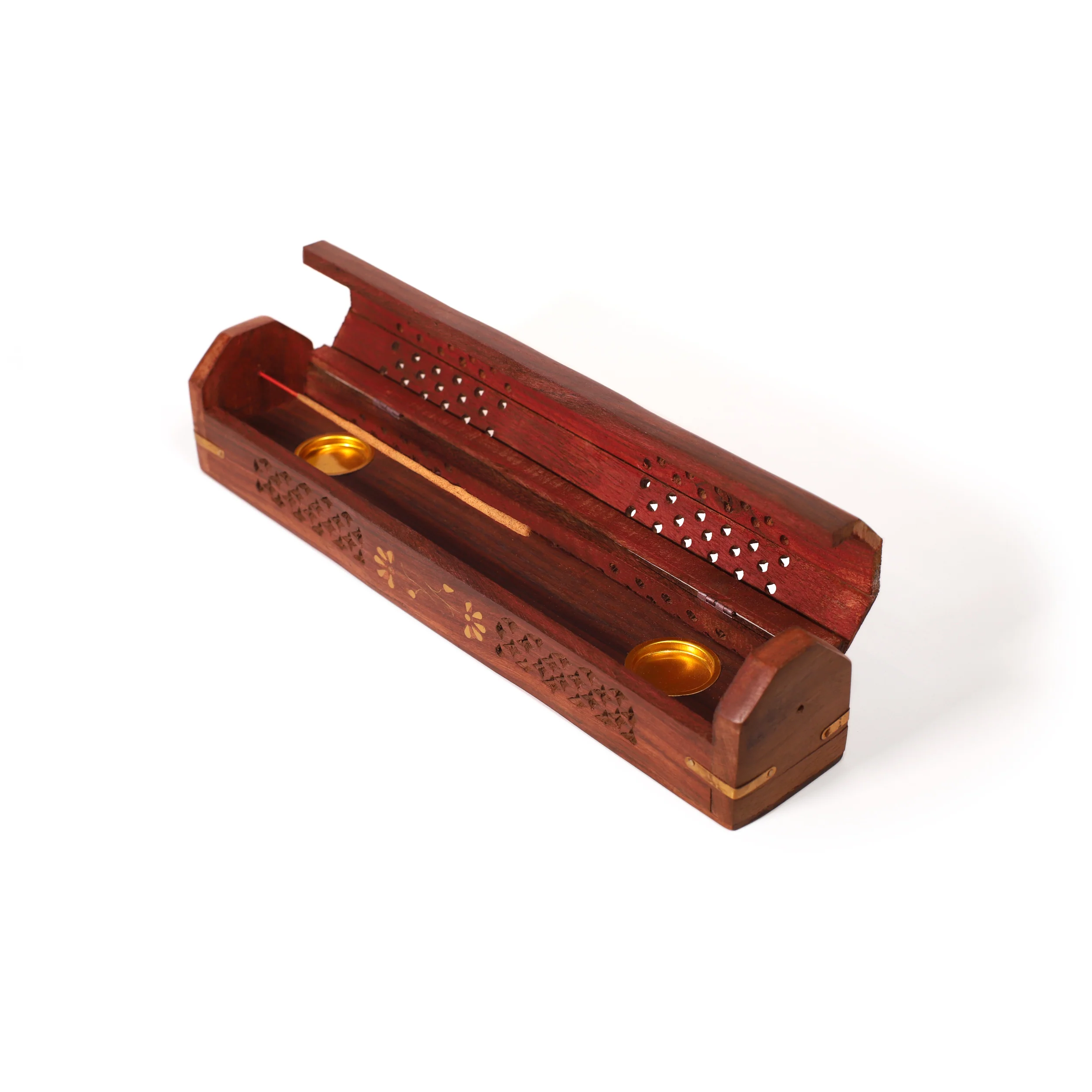 Incense Burner - Wooden Box with Storage - 5 Panel Jali & Flowers - Image 4