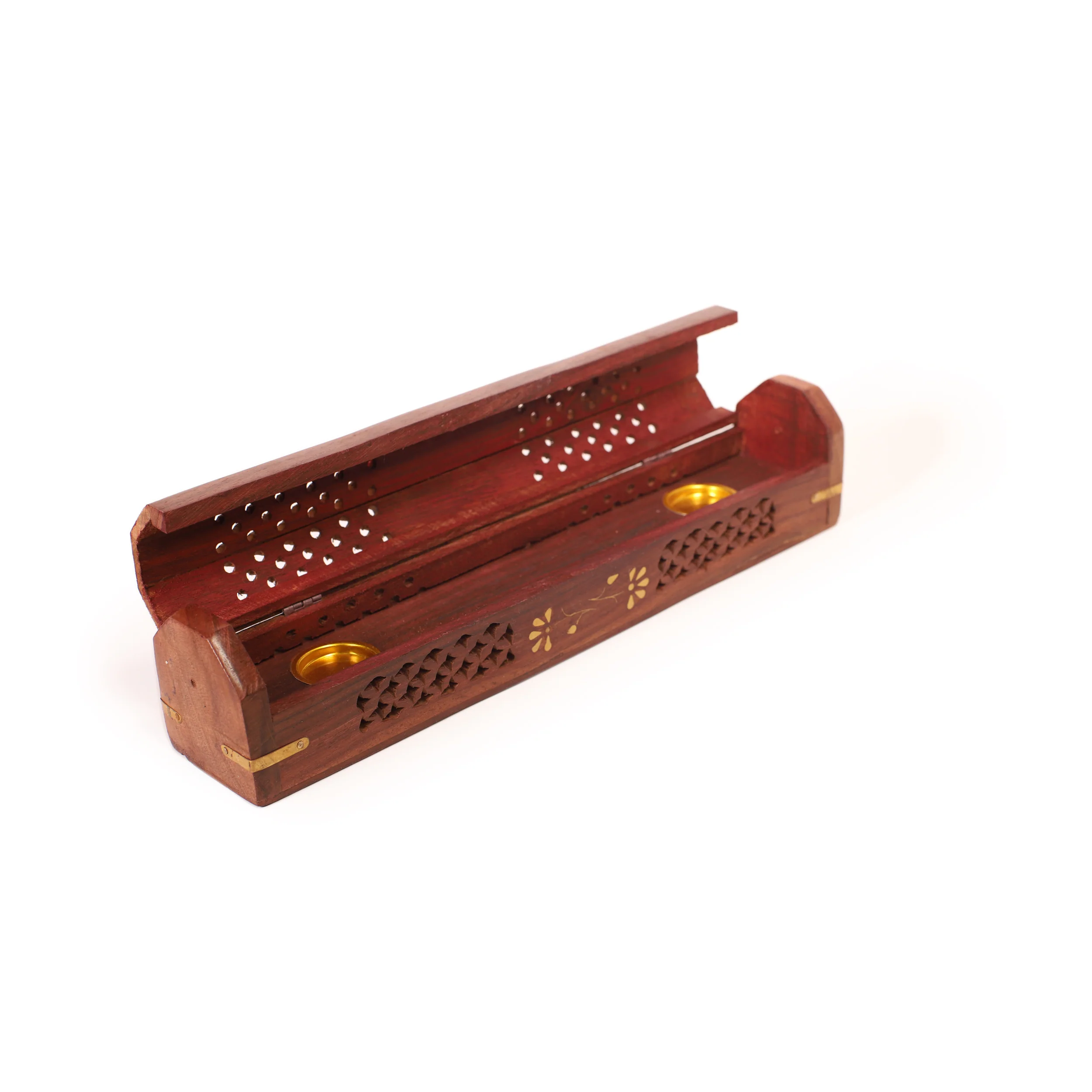 Incense Burner - Wooden Box with Storage - 5 Panel Jali & Flowers - Image 5