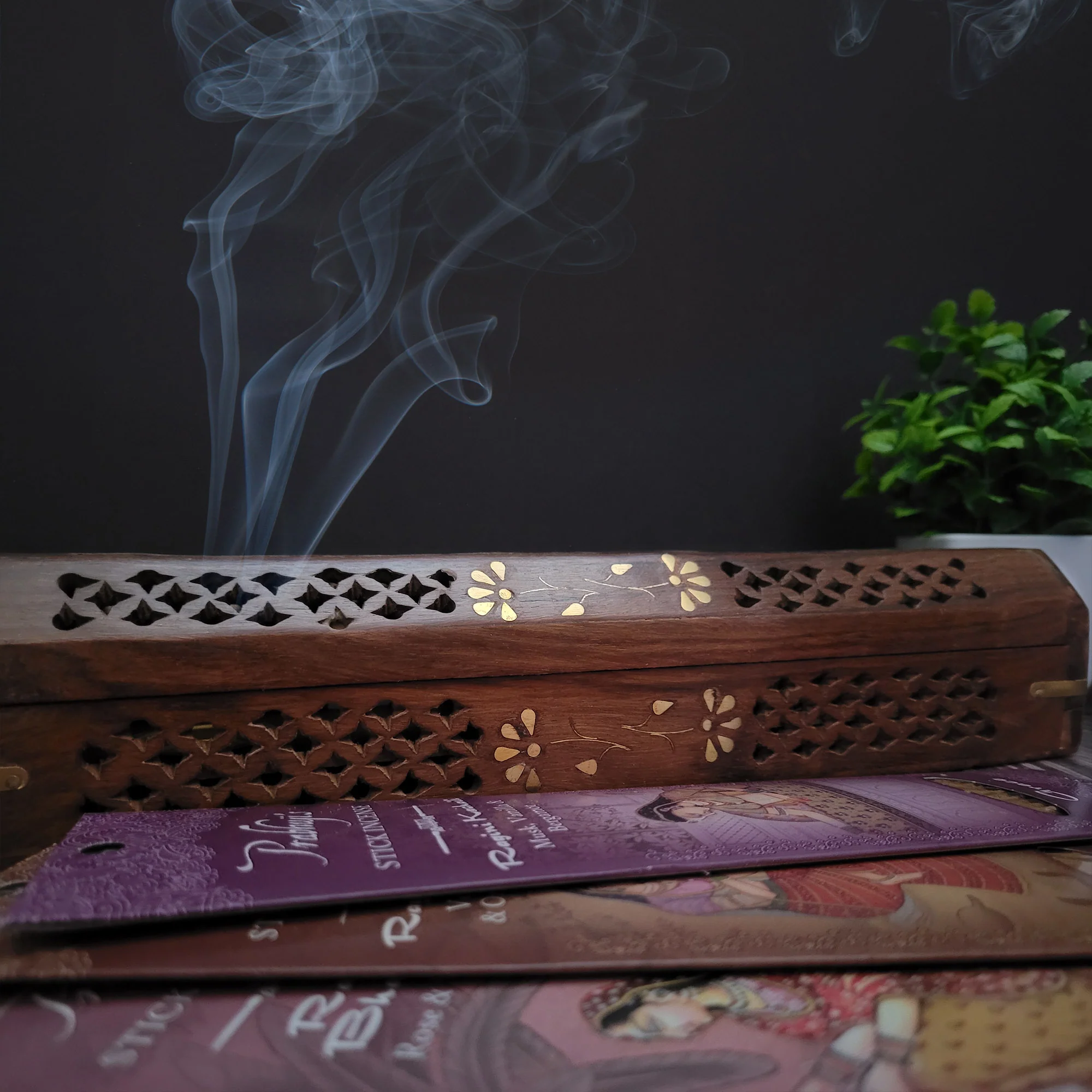 Incense Burner - Wooden Box with Storage - 5 Panel Jali & Flowers - Image 7