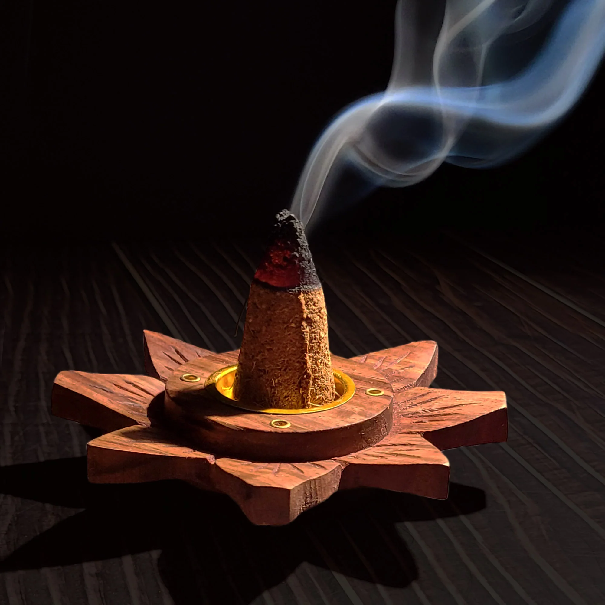 Incense Burner - Wooden Round Plate Lotus - 4 inches - Image 5