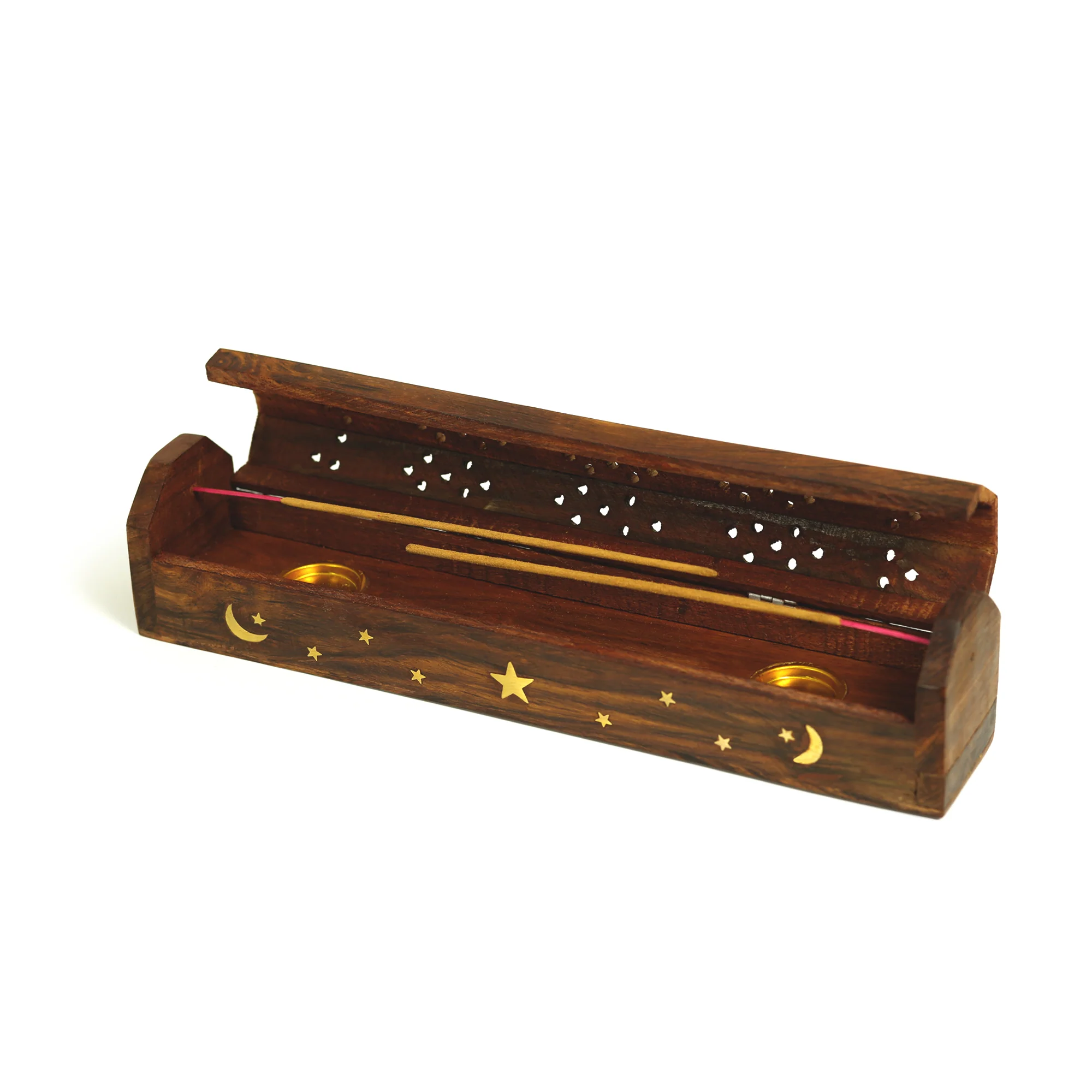 Incense Burner - Wooden Box with Storage - Moon and Star - Image 2